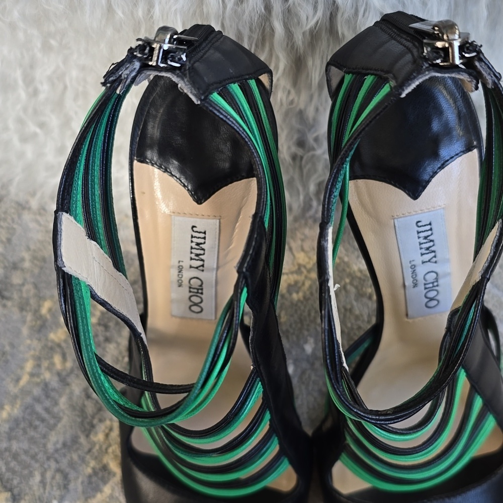 Jimmy Choo Black/Green Leather Corsica Ankle Strap Sandals Size 37.5 - Picture 16 of 17